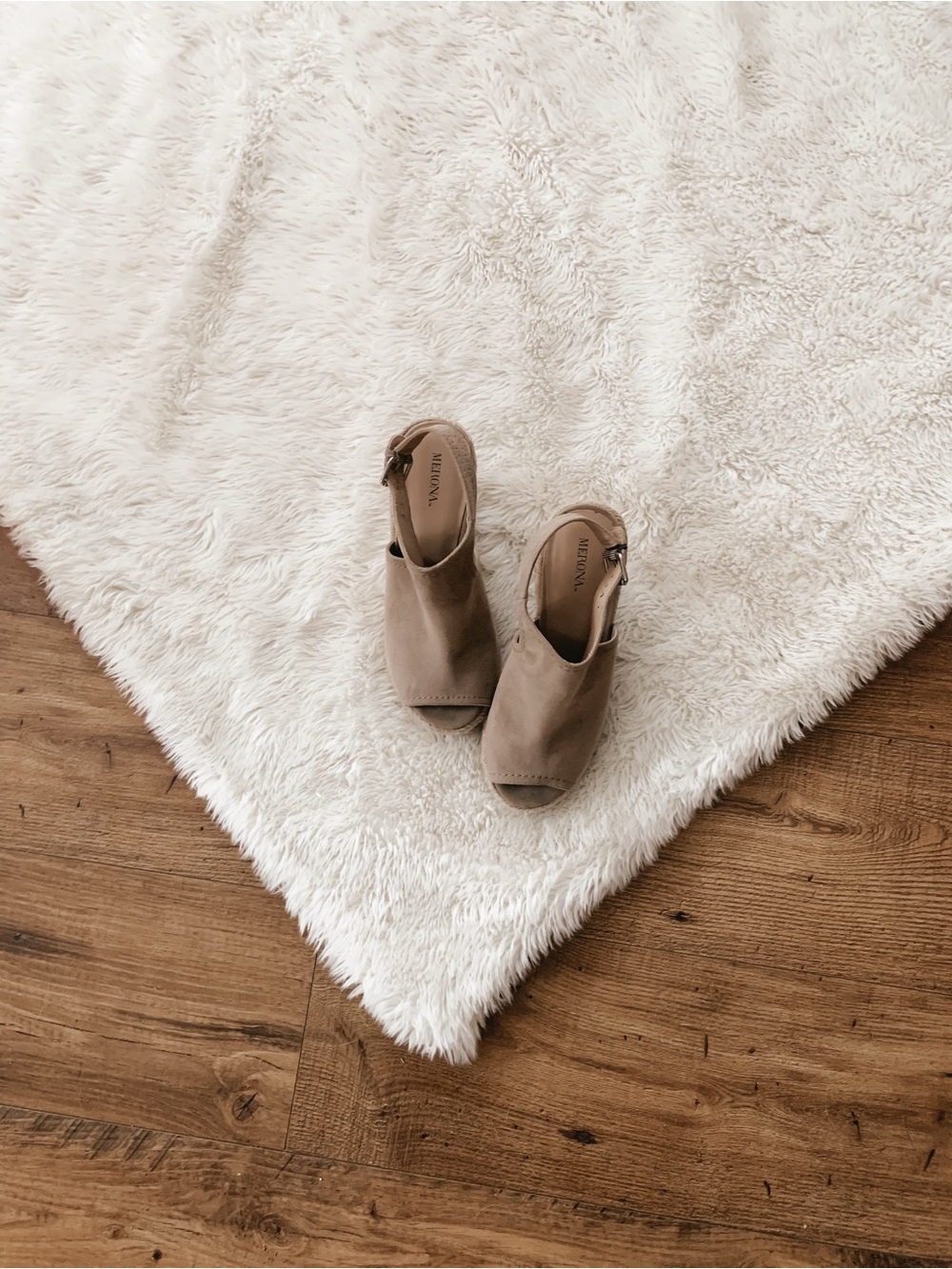 Neutral Suede Peep-Toe Wedge Sandals